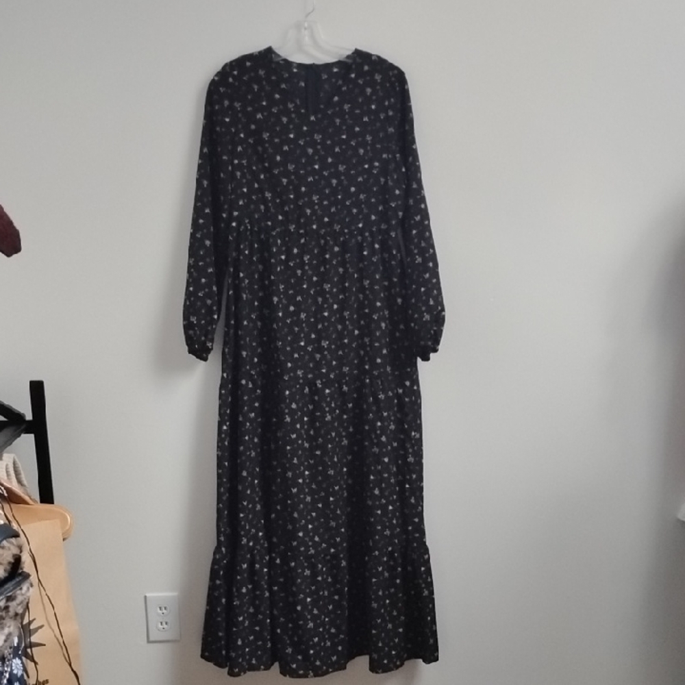 Black Ditsy Floral Feminine Girly Boho Cottagecore Long Sleeve Maxi Dress